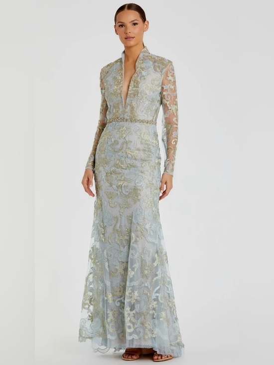 Mac Duggal Dresses & Skirts - MAC DUGGAL Beaded Queen Anne Lace Long Sleeve V-neck Trumpet Gown